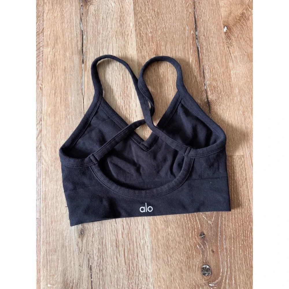 Alo Yoga Wellness Bra Black Ribbed V-Neck Cross Back Crop Top Size S